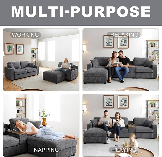 120.3" Modern L-Shaped Sectional Sofa with 360°Swivel Drop-Down Table, Storage Armrest, USB Ports & Movable Storage Ottoman – Plush Linen Cloud Couch for Lounge (Grey)