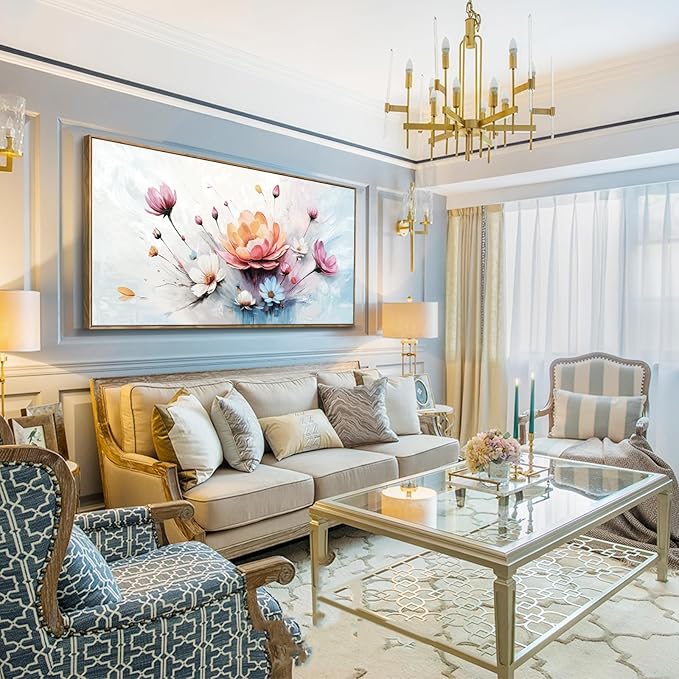 amatop Framed Floral Canvas Wall Art – Oversized Pink Blue Abstract Bloom Flower Print Daisy & Peony Picture Elegant Botanical Nature Large Artwork for Living Room Bedroom Dining Entryway Decor 58x29 inch