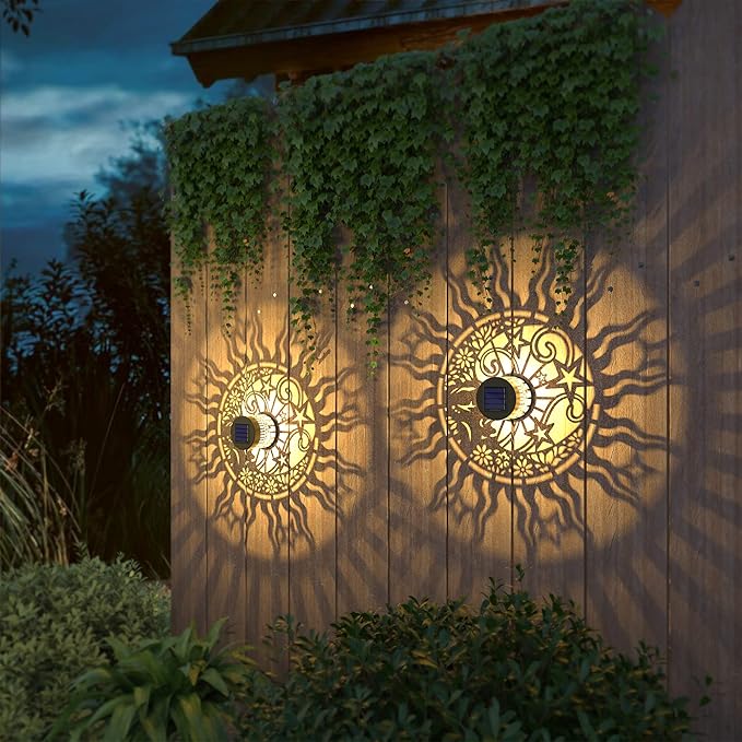 2 Pack Solar Fence Lights Metal Solar Powered Outdoor Wall Deck Lights Sun Moon Theme Waterproof Fence Light for Garden Post Patio Backyard Yard Decor (Face, 2 Pack)