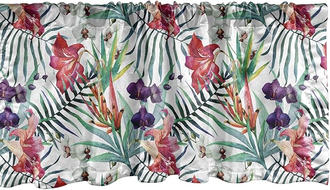 Ambesonne Watercolor Flower Window Valance, Tropical Wild Orchid Flowers with Palm Leaves Print Exotic Style Nature, Curtain Valance for Kitchen Bedroom Decor with Rod Pocket, 54" X 18", Green Red