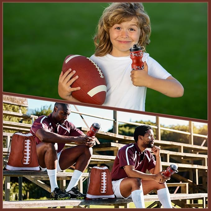 24 Pcs 24 oz Football Water Bottle Bulk and Drawstring Bag Set 12 Reusable Plastic Biking Water Bottle Tumbler 12 Sport Gym Goodie Gift Bag for Party Favor (Brown)
