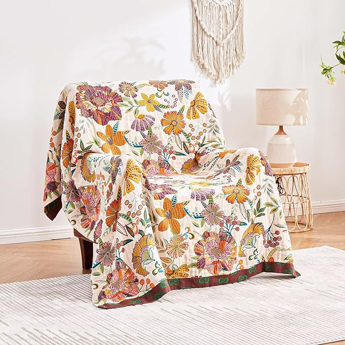 Boho Throw Blanket, 100% Cotton Ultra Soft Luxury Throw Rustic Quilt, 90"x98" Floral Printed Farmhouse Decor Bed Summer Blankets, All Season Rustic Reversible Bohemian Throw for Bed - White