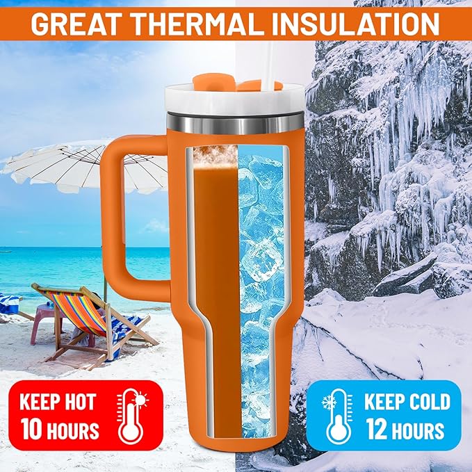 40oz stainless Steel Insulated Tumbler with Handle, lid and straw for cold water, Iced tea, or coffee - 100% Leak-Proof - Cupholder Friendly Travel Mug- Gifts for Women Men Him Her (Orange)
