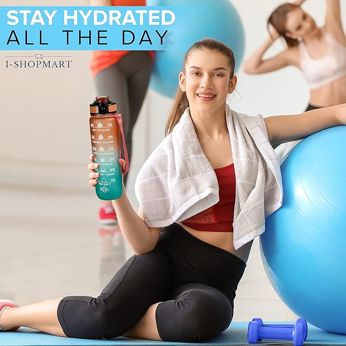 32oz Large Water Bottle with Motivational Time Marker - Sport Style with Deluxe Sip-Gulp Lid, Durable Tritan Plastic, Food Grade, Dishwasher Safe, Carry Strap (Orange-Green)