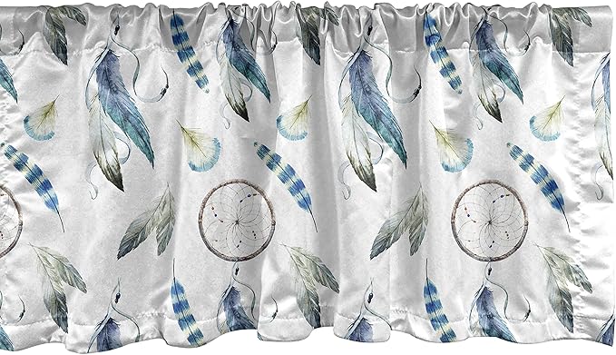Ambesonne Tribal Window Valance, Aztec Exotic Feathers Dreamcatchers Traditional Folk Watercolor Boho Art, Curtain Valance for Kitchen Bedroom Decor with Rod Pocket, 54" X 18", Blue Green