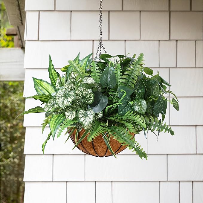 Artificial Greenery Plants Fake Plastic Leaves with Stems UV Resistant Large Bunches Outside Faux Plants Bushes for Outdoor Patio Garden Front Porch Yard Decor (Green)