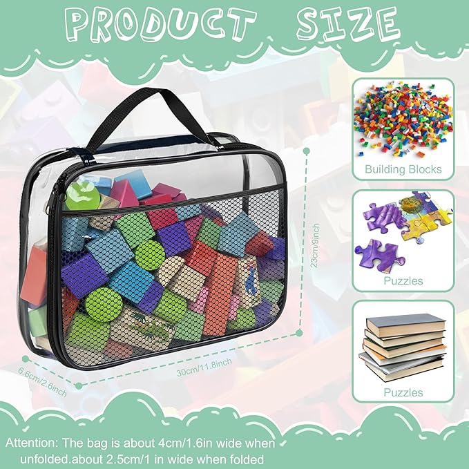4 Packs PVC Toy Zippered Blocks, Travel Storage Case Bags for Organizing, Waterproof Toy Storage Bags with Mesh Pockets for Building Blocks, Puzzles, Clays,Toy Cars 11.8"Lx3" Wx9" H (Black).