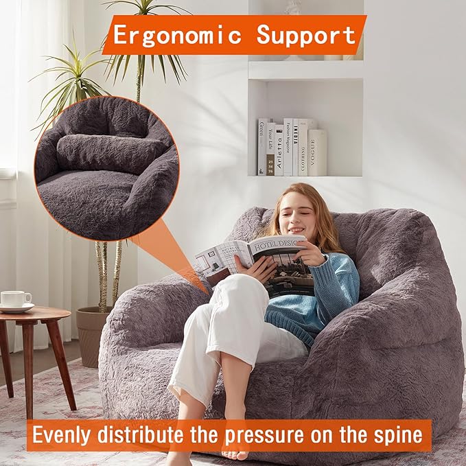 Bean Bag Chair for Adults with Pillow,Oversized Bean Bag Couch Chairs for Adults,Giant Lazy Couch Sofa Chairs with Filler,Large Reading Chair for Living Room Bedroom,Dark Gray