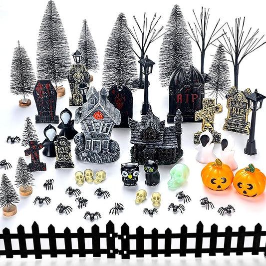 56 Pcs Halloween Village Accessories Set Halloween Haunted House Village Set Miniature Tombstones Tree Fake Spiders Fence Streetlamp Figurines for Home Table Party Decor