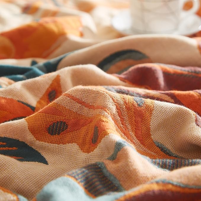 Boho Throw Blanket for Couch Sofa Bed, 100% Cotton Woven Quilt with Tassel 60”x80”, Super Soft Muslin Blanket with Floral Printed, Decorative Reversible Bed Blanket/Cover for All Seasons
