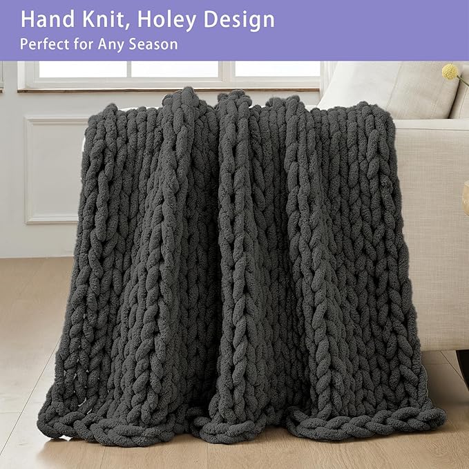 Bigacogo Chunky Knit Throw Blanket for Couch, 40x80 inches, 100% Hand Knitted with Thick Jumbo Chenille Yarn, Cozy Soft Large Rope Knot Cable Crochet Blankets for Sofa Bed Living Room, Dark Grey
