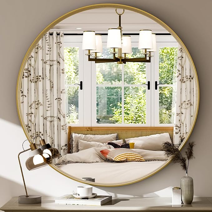 30 Inch Round Bathroom Mirror - Wall Mounted Circle Mirror with Metal Frame, Modern Mirror Suitable for Bathroom, Vanity, Entryway, Living Room, Wall Decor,Gold