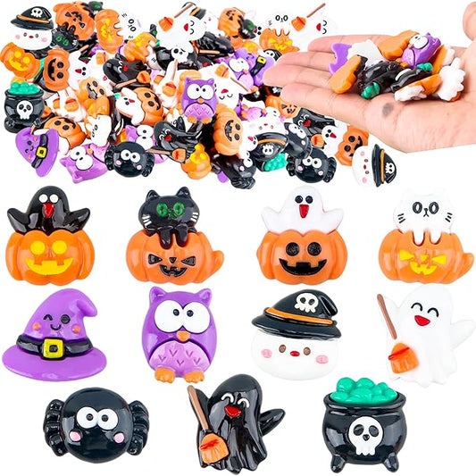 65 Pcs Mini Halloween Figurines Bulk Miniatures Resin Pumpkin Ghost Candy Hat Halloween Garden DIY Accessories for Halloween Decoration Goodie Bags Stuffers, 10 Styles