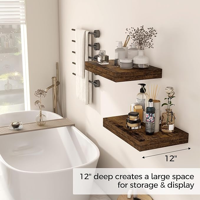 12 Inch Deep Floating Shelves, 16 x 12 Floating Shelf for Books, Rustic Wood Deep Wall Shelves for Home Storage & Display, 2" Thicked Shelves for Kitchen, Living Room, Bedroom, Rustic Brown, 2 Pack
