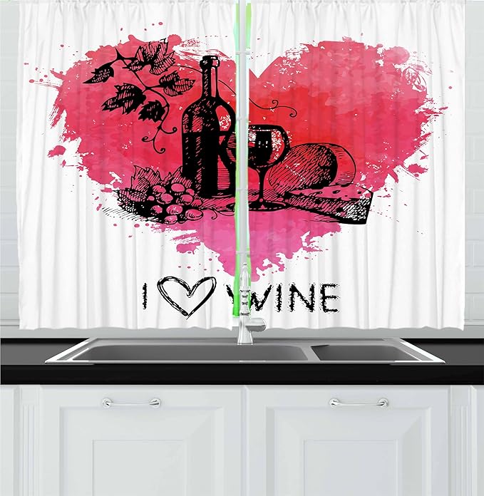 Ambesonne Wine Kitchen Curtains, Hand Drawn Sketch Illustration with Splash Watercolor Heart I Love Wine Theme, Window Drapes 2 Panel Set for Kitchen Cafe Decor, 55" x 30", Black Coral