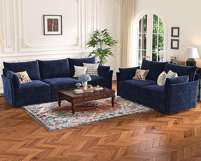 134.6" Modular Sectional Sofa, Oversized 4 Seater Blue Couch with Removable Chenille Fabric Cover, Deep Seat & High Backrest for Living Room, Office & Apartment