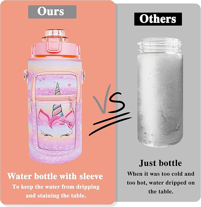 64 oz Water Bottle with Straw Sleeve & Strap Motivational Half Gallon Water Jug with Handle for Gym Women Men Aesthetic Water Bottle with Strap Unicorn