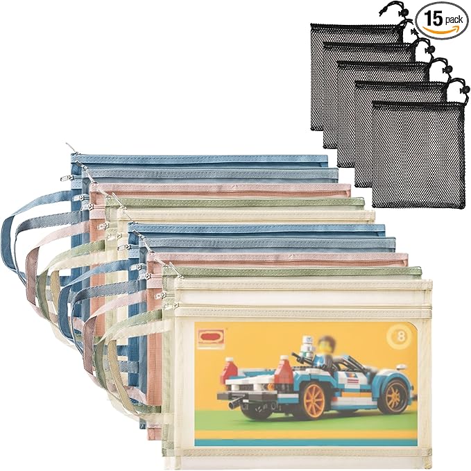 15pcs Mesh Zipper Pouch Storage Bag Clear Zipper Pouch for Organization Double-Layer Nylon Building Block Sets Toy Storage Handle Puzzle for Activity School Office Game(10Pcs A4+5Pcs mesh bag)