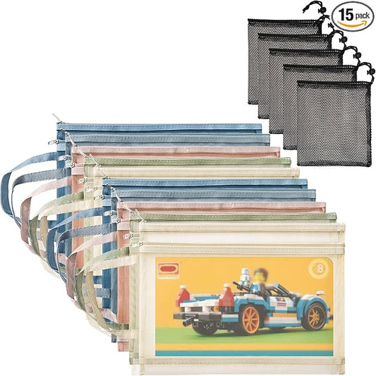 15pcs Mesh Zipper Pouch Storage Bag Clear Zipper Pouch for Organization Double-Layer Nylon Building Block Sets Toy Storage Handle Puzzle for Activity School Office Game(10Pcs A4+5Pcs mesh bag)