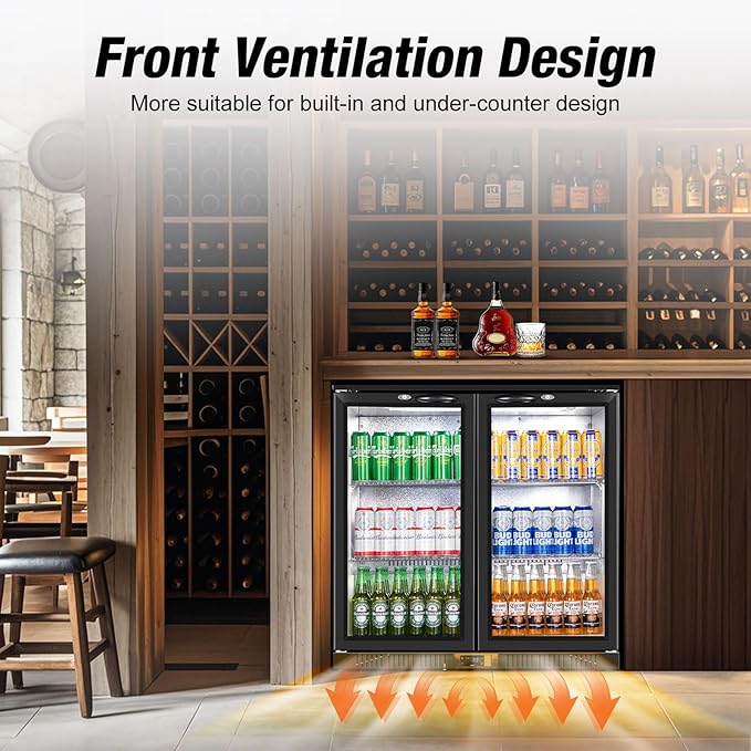 Beverage Refrigerator Under Counter, Back Bar Cooler with 2 Glass Door, Commercial Display Fridge 35.42 Inch Wide 7.4 Cu.Ft, Drink Fridge for Beer Soda Wine, Beverage Cooler for Kitchen Shop Bar