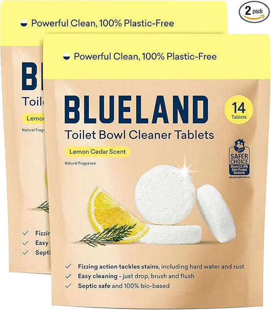BLUELAND Toilet Bowl Cleaner Tablets, 2-Pack, 28 Count, Lemon Cedar, Plastic-Free, No Harsh Chemicals, Plant-Based