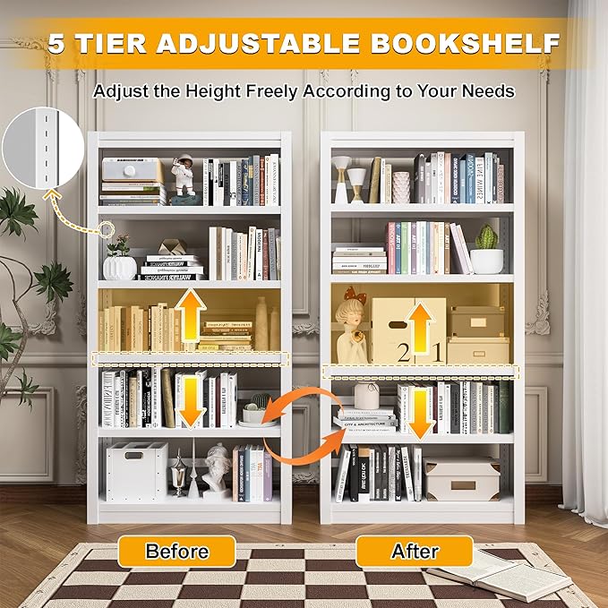 61" H Metal Bookshelf, 5 Tier Adjustable Bookshelf, White Small Bookcase, Bedroom Bookshelves and Bookcases, Modern Book Shelf for Living Room, Office, Easy Tool-Free Assembly