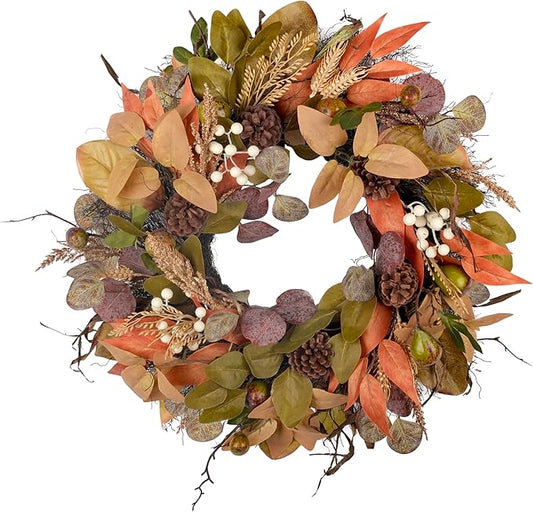 24" Fall Wreath for Front Door Handmade with Artificial Autumn Leaves, Natural Pinecones, Faux Berries and Wheat, Autumn Harvest Wreath Decoration for Home Farmhouse Door Wall Window Porch