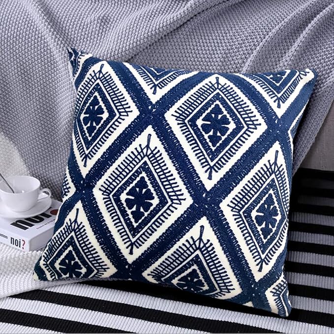 Alysheer Embroidered Decorative Throw Pillow Covers 18x18 inches Set of 2 Pieces, Boho Geometric Modern Chic Classic Pattern Cotton Cushion Cases for Sofa Couch Bed Living Room(Navy Blue)