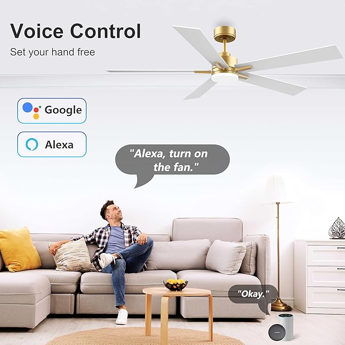 60 Inch Smart Ceiling Fan with Lights Remote,Control via Voice Alexa Google App Wifi,Silent DC Motor,Dimmable,Outdoor Indoor Modern Ceiling Fans for Large Bedroom Living Room Patio,Gold White Black