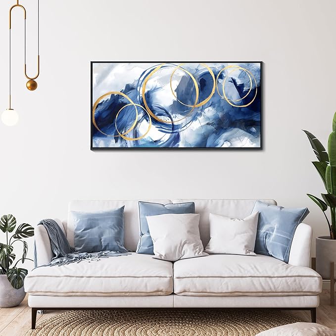 AJAZIKO Blue Abstract Wall Art Modern Navy Blue and Gold Pictures for Living Room Paintings Office Artwork Wall Decor Framed Canvas Wall Art Bedroom Wall Decor Above Bed 20×40IN