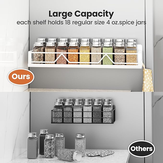 16.9 Inch Wide Large Capacity Magnetic Spice Rack for Refrigerator, 4 Pack Metal Fridge Shelf, White