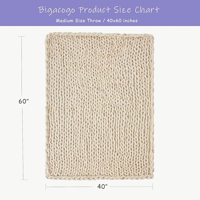 Bigacogo Chunky Knit Throw Blanket for Couch, 40x60 inches, 100% Hand Knitted with Thick Jumbo Chenille Yarn, Cozy Soft Large Rope Knot Cable Crochet Blankets for Sofa Bed Living Room, Beige