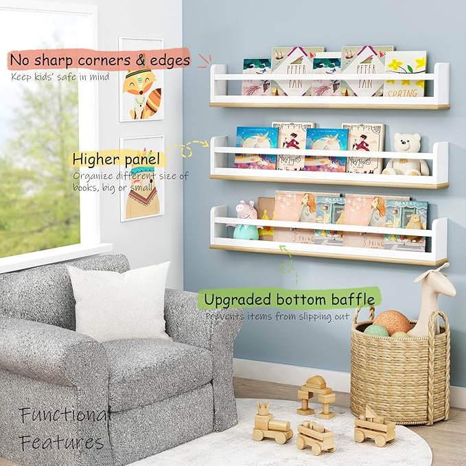 36 Inches Long Nursery Floating Shelves for Wall, Large Wall Book Shelves for Kids Room, White and Natural Haning Bookshelf for Toddlers Child Kids Bedroom Classroom Library (Set of 3)