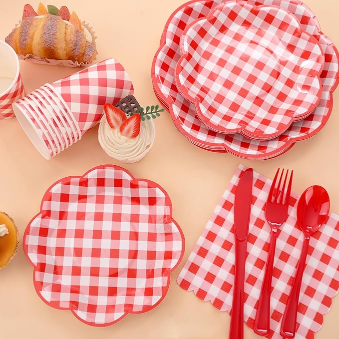 350 Pcs Red Gingham Plates and Napkins Party Supplies - Red and White Checkered Plates Sets Serve 50 Guests - Scalloped Gingham Paper Plate for Birthday Picnic Wedding Christmas Party Decorations