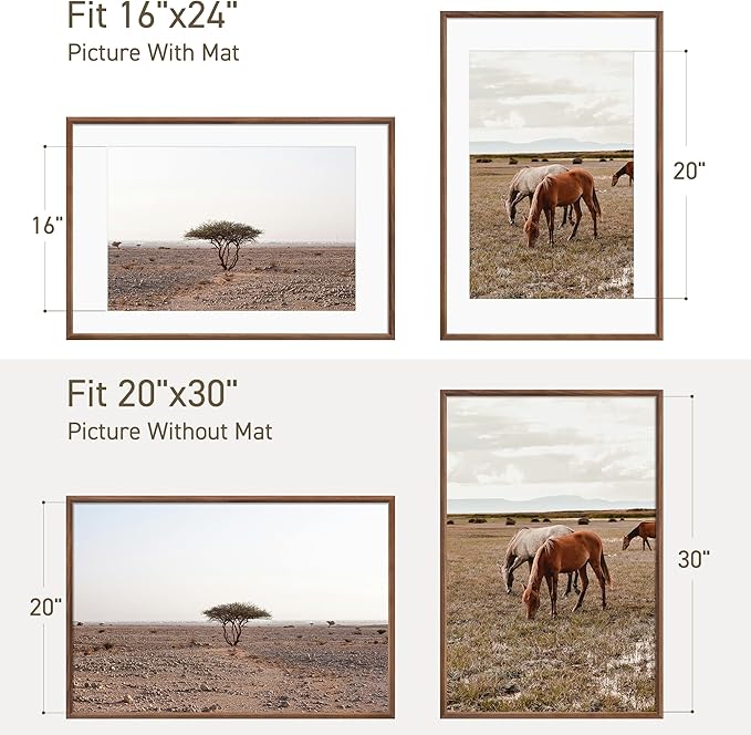 20x30 Poster Frame Natural Solid Walnut Photo Frames with 16x24 Removable Mat Wall Hanging Large Handcrafted Frame with HD Plexiglass Wall and Tabletop Display Large Picture Frame