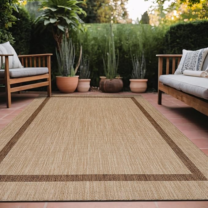 Bordered Outdoor Rug 6x9 Washable Outside Carpet for Indoor Patio Porch Waterproof Easy Cleaning Non Shedding Area Rugs Jute Beige - Nut Brown 6 x 9