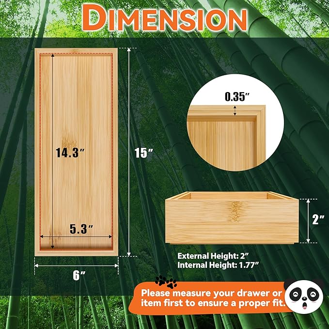 Bamboo Kitchen Drawer Organizer, Stackable Utensil Holder Silverware Organizer Cutlery Tray - 2PCS Organizer Bins for Makeup Jewelries Flatware in Bathroom, Office Desk, Cabinets, 15x6x2 inch