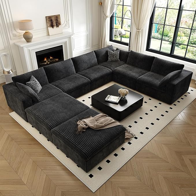 157.5" Cloud Couch Oversized Modular Sectional Sofa for Living Room,Modern Sofa with Deep Seat，8 Seater Boneless Couch with 2 Ottoman,Comfy Upholstered Couches for Apartment, Studio, Office,Black
