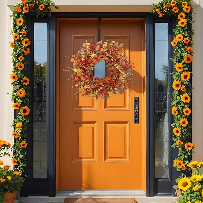 22 inch Artificial Fall Wreaths for Front Door,Autumn Wreath with Large red Berries and Fall Leaves Suitable for Indoor Outdoor Wall Porch Harvest Festival Thanksgiving Day Farmhouse Holiday Decor.