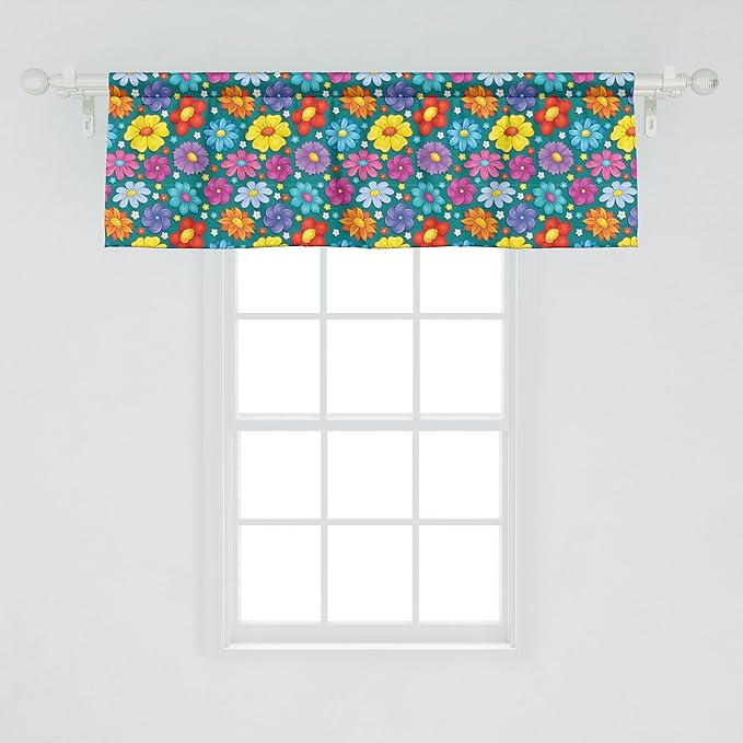 Ambesonne Flower Window Valance, Art Blooming Daisy Peony Lily with Colorful Petals Spring Garden Scenario Print, Curtain Valance for Kitchen Bedroom Decor with Rod Pocket, 42" x 18", Teal Multicolor