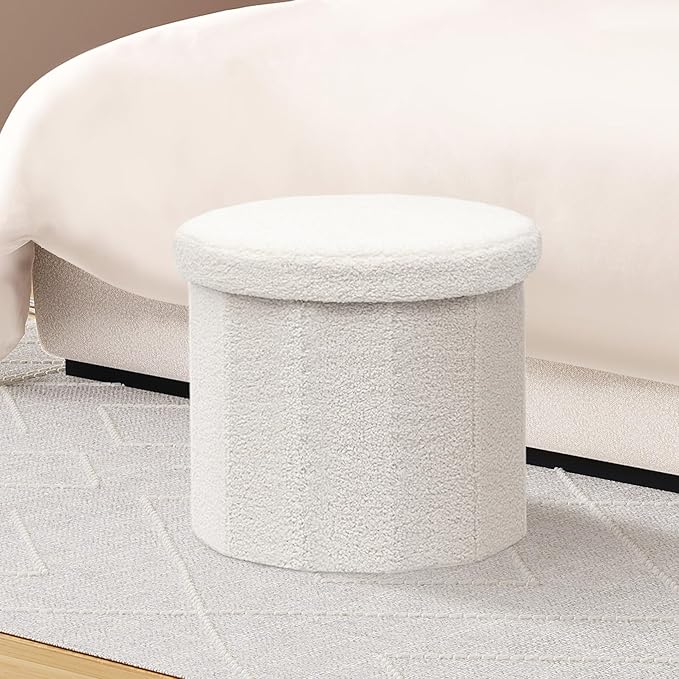 B FSOBEIIALEO Storage Ottoman Cube, Round Ottomans with Storage Foot Stool Footrest for Lving Room, Boucle Ottoman Seat for Dorm Room,Faux Teddy Fur, Cream White 15"x15"x15"