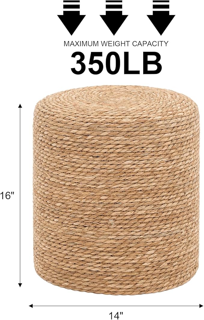 16'' Round Ottoman Natural Seagrass Braided Poof Hand Weaving Round Ottomans Boho Footrest Stool for Home Living Room Bedroom Patio(Natural)