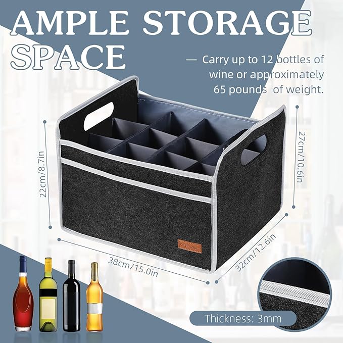 12 Bottle Wine Carrier, Thicken Felt Wine Carry Case Collapsible Wine Bottle Storage Box Liquor Bottle Tote with Handles for Travel, Party, Picnic (Dark Gray)