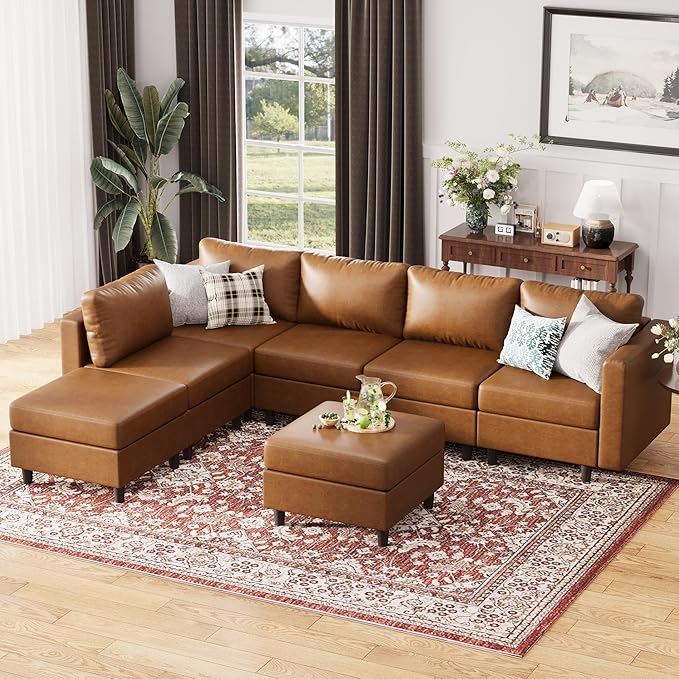 118.5" Faux Leather Modular Sectional Sofa, L Shaped Couch Set for Living Room, 7-Seater Comfy Cloud Couches with Storage Seat Brown