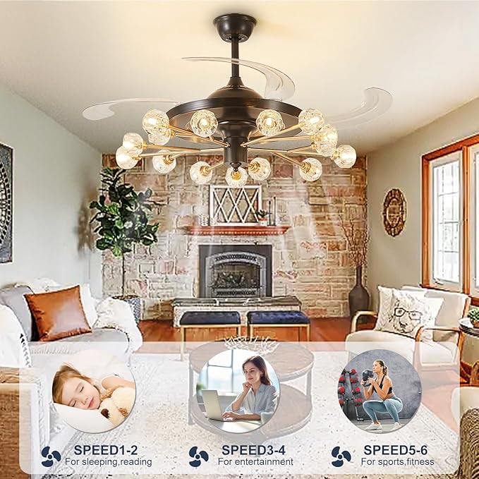 Black and Gold Chandelier Fan: Crystal Sputnik Ceiling Fan with Light and Remote - 42" Modern Fandelier with 15 Lights - Retractable Ceiling Fan for Living Dining Room Kitchen