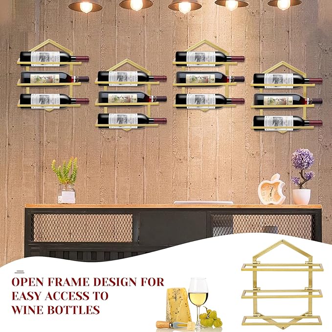 2Pcs Wall Mounted Wine Stemware Rack, Metal Hanging Wine Glass Display Holde Holds 3 Bottles, Elegant Storage for Kitchen Dining Room Bar Wine Cellar (Gold)