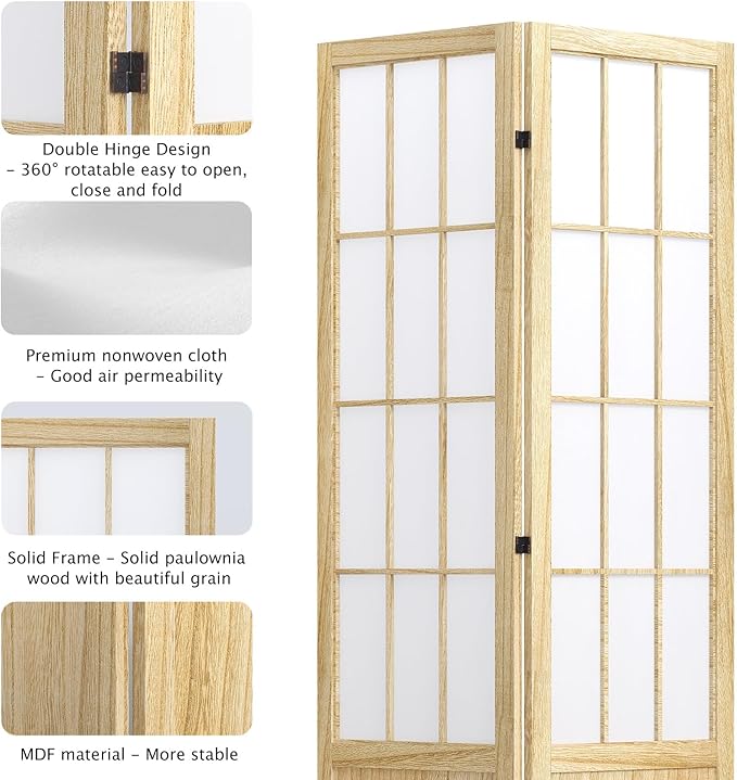 5.6FT Room Divider and Folding Portable Partition Screen, Chinese Japanese Shoji Style for Room Separation - 4 Panel (Natural)