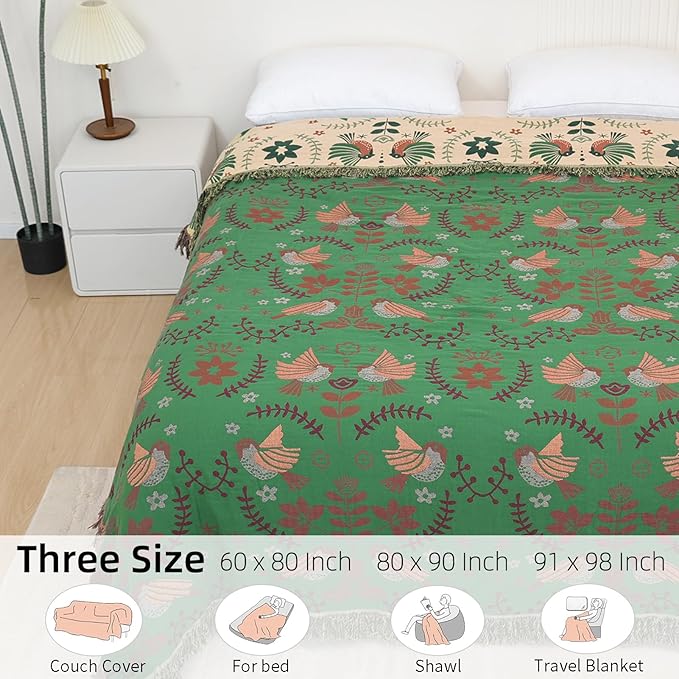 Boho Throw Blanket for Bed, 100% Pure Cotton Ultra Soft Rustic Quilt, Farmhouse Decor Bed Blankets, All Season Rustic Throw for Sofa Couch Chair(91''x 98'', Bird B)