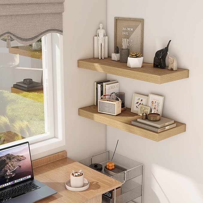 30 Inch Floating Shelves, 12 Inch Deep Floating Shelves for Wall, Rustic Wood 30 x 12 Shelves for Wall Storage & Display, 2 Inch Thicked Floating Shelf for Bathroom, Living Room, Oak Color, 2 Pack