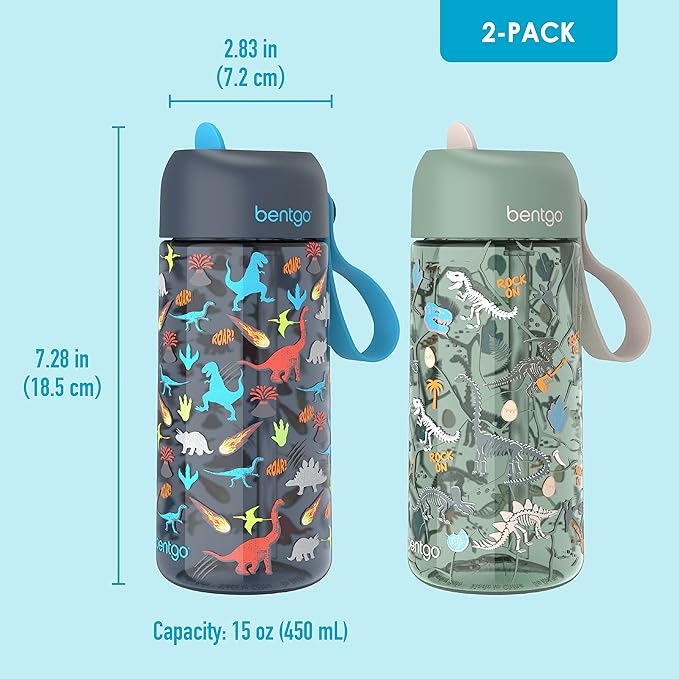 Bentgo Kids Water Bottle 2-Pack - Leak-Proof, Durable Tritan™, BPA-Free 15 oz Cup for Kids/Toddlers 3+; Flip-Up Straw; Dishwasher Safe for School/Sports/Daycare/Camp (Dinosaur/Dino Fossils)